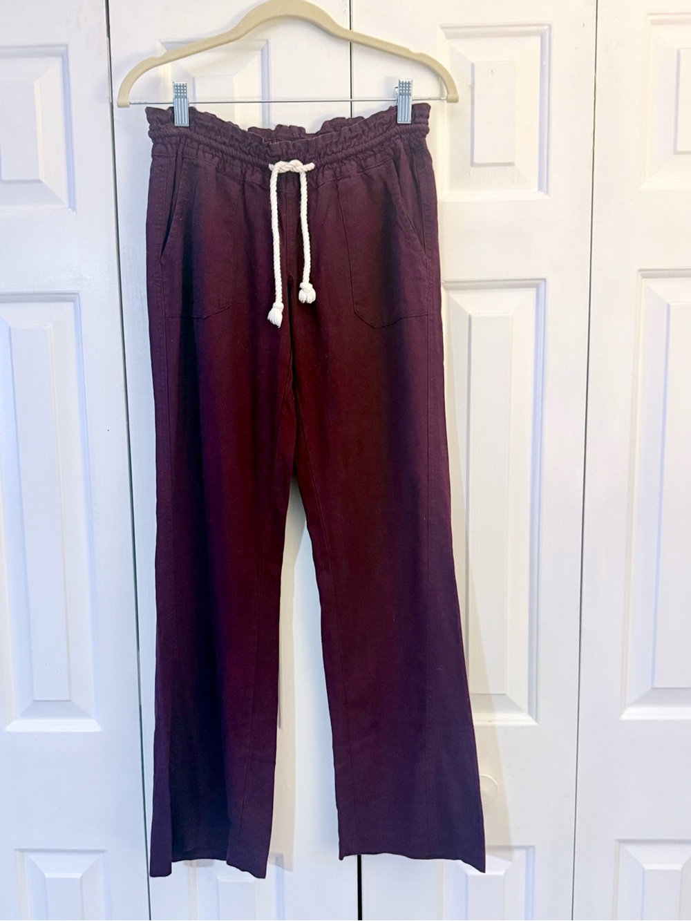 Roxy Burgundy Linen Blend Drawstring Pants Casual Beach Size XS